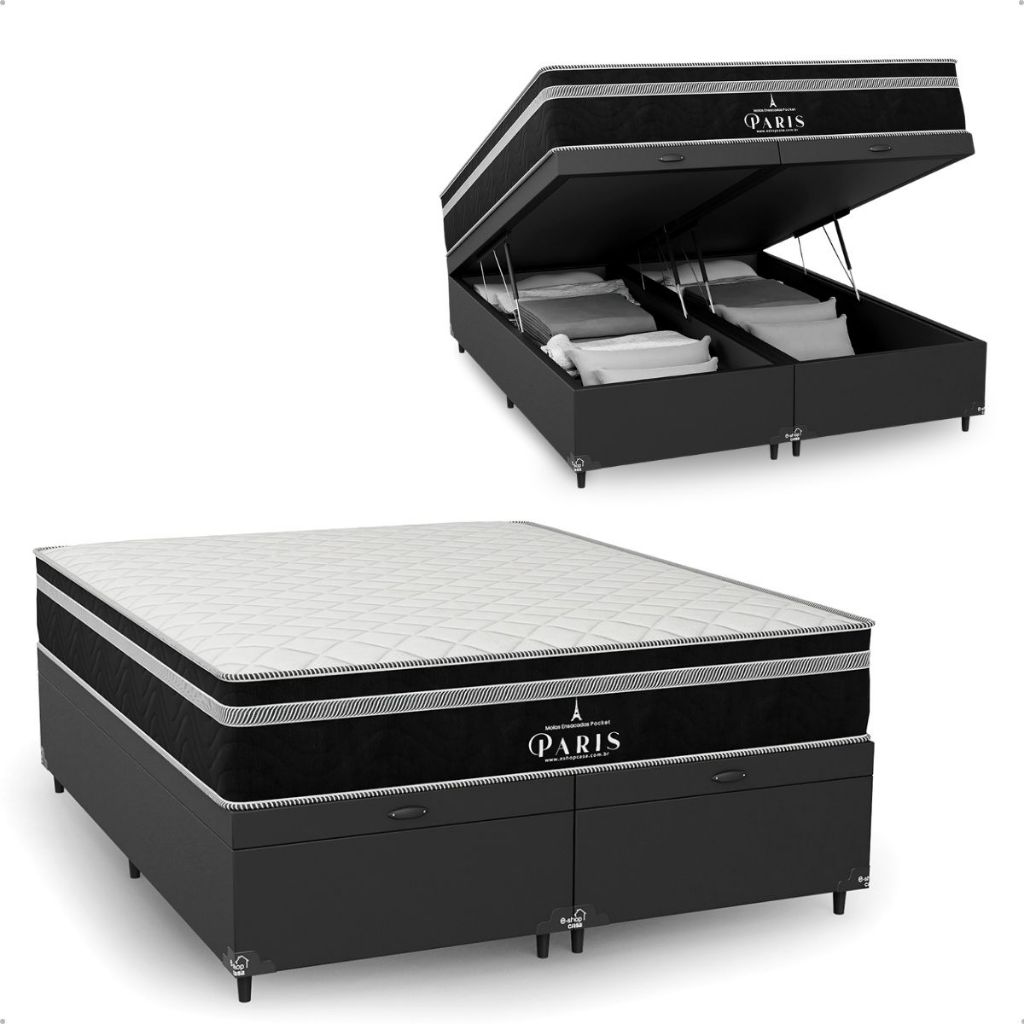 Cama Box Baú Queen Couro Preto + Colchão Paris Molas Ensacadas - Cores - e-Shop Casa