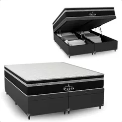 Cama Box Baú Queen Couro Preto + Colchão Paris Molas Ensacadas - Cores - e-Shop Casa