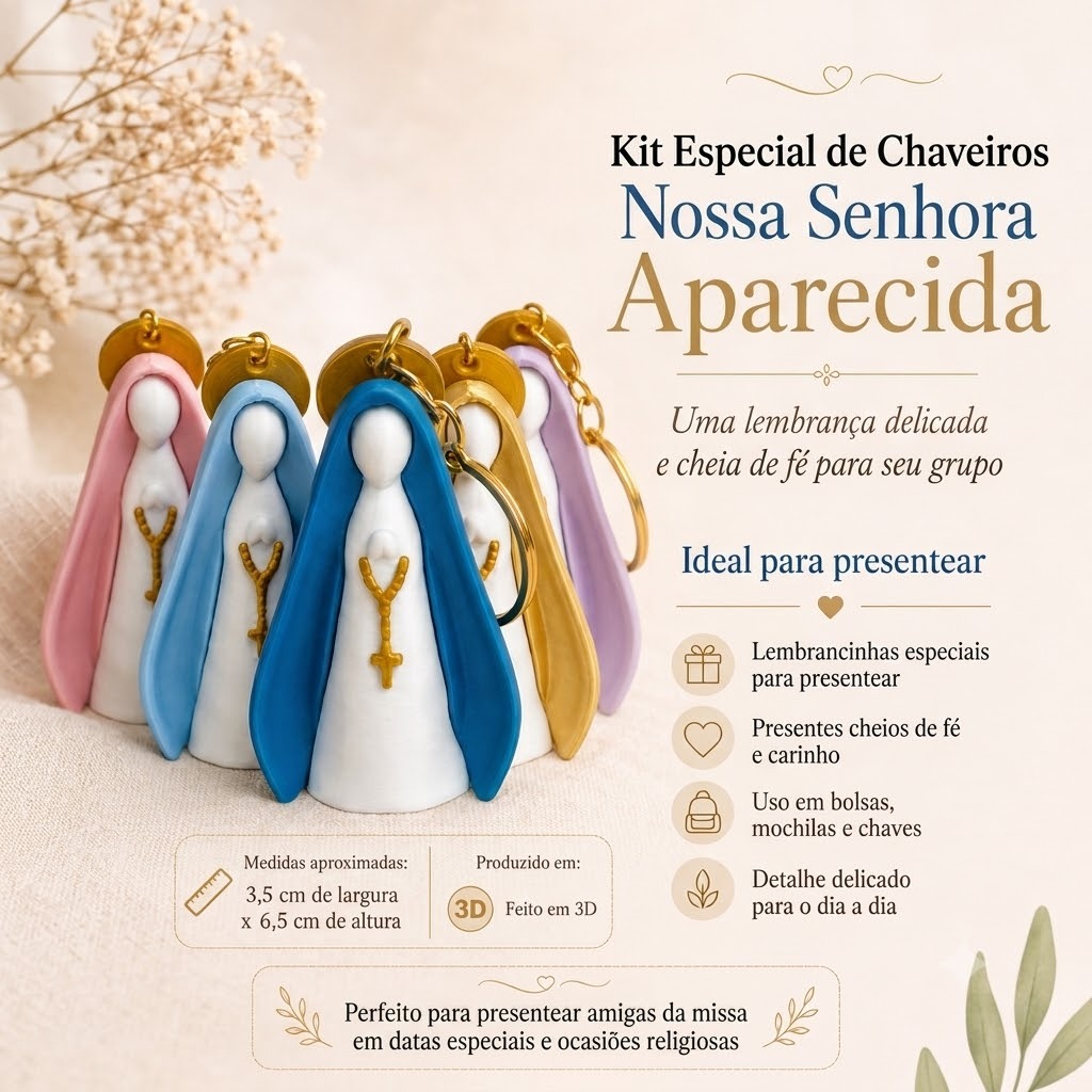 Kit 5 Chaveiros Nossa Senhora Aparecida 3D – Santinha Religiosa para Lembrancinha e Presente
