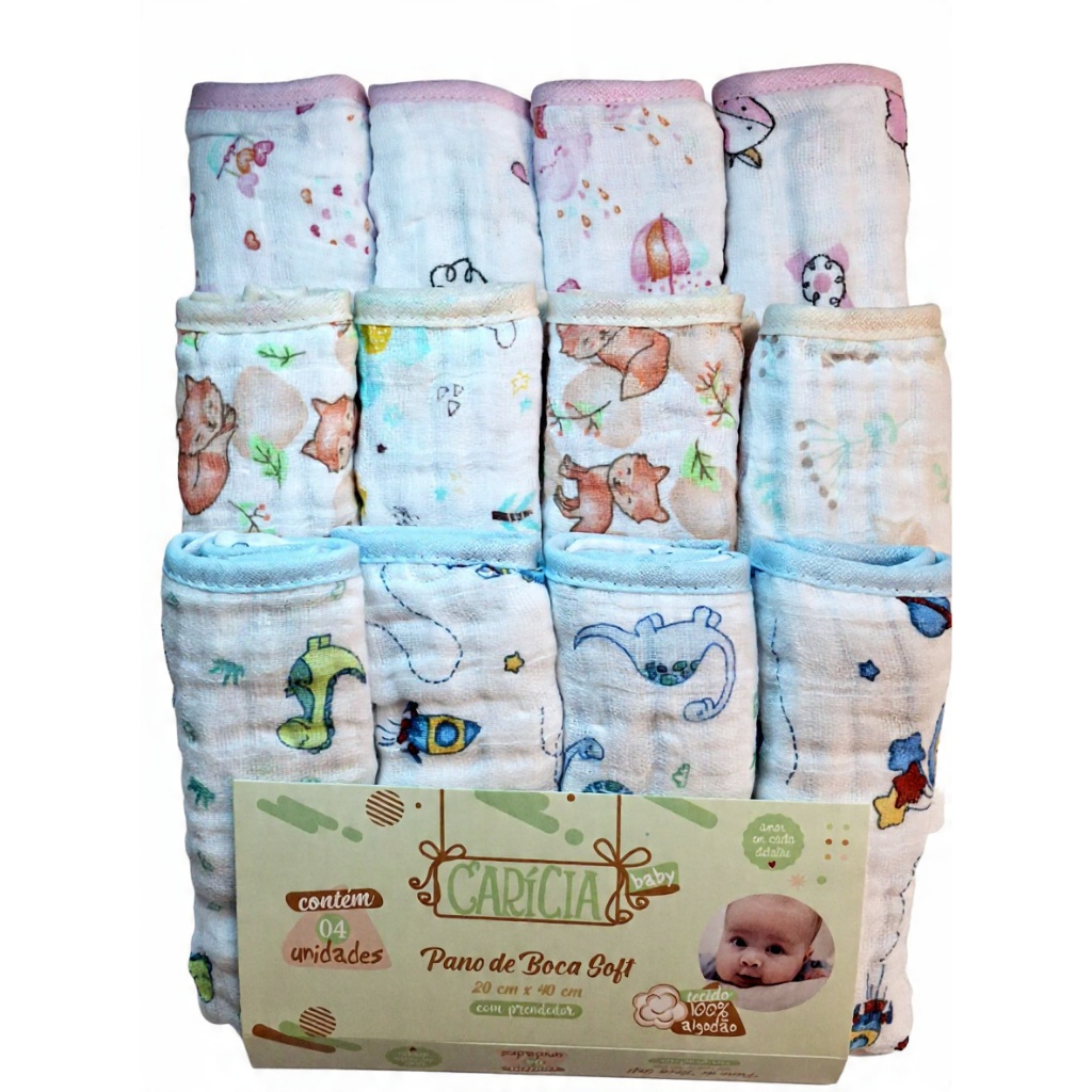 Kit Pano Boca Babete Soft Carícia Baby Minasrey 100% Algodão Extra Macia Tamanho Econômico-4 peças