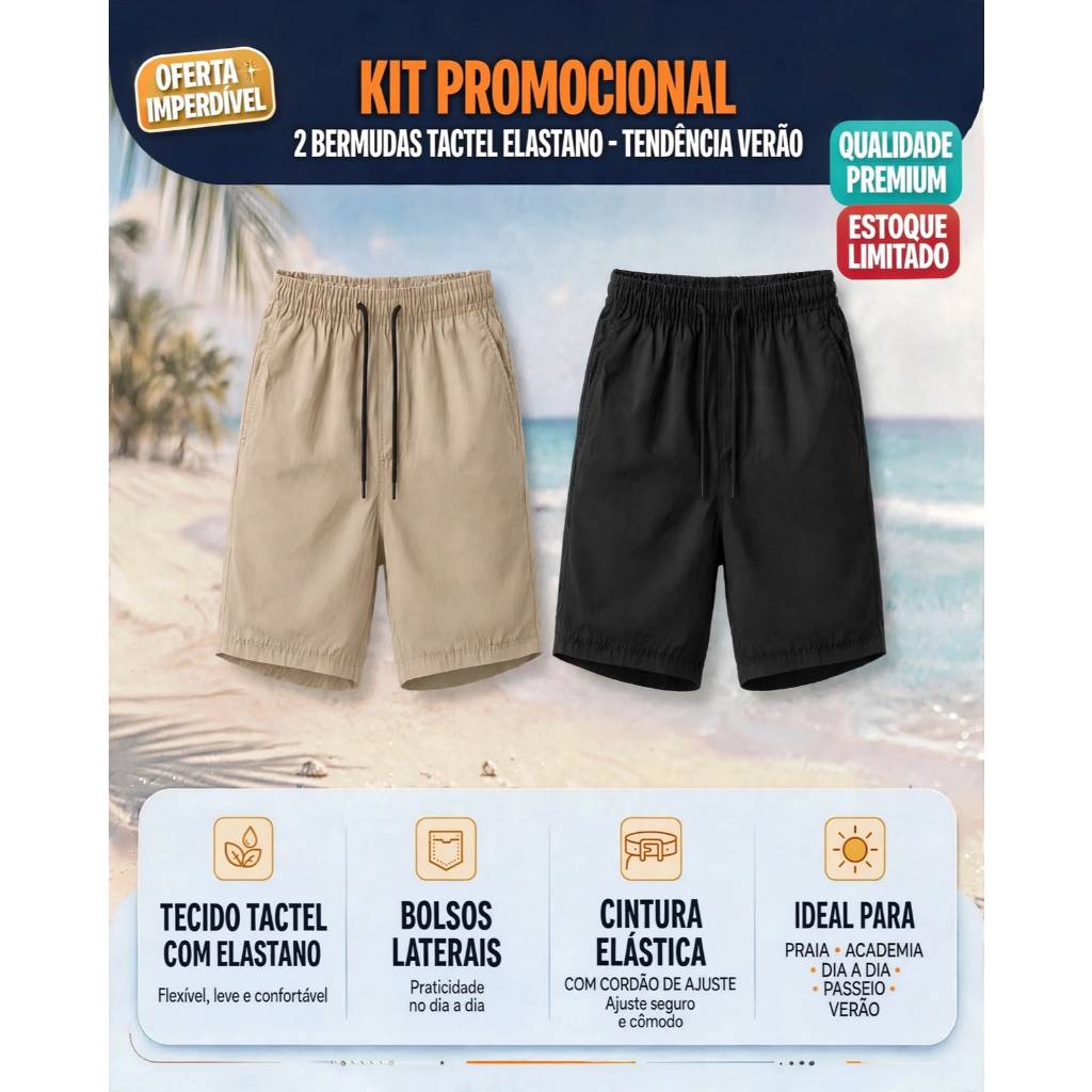 Kit 2 Bermudas Masculina Mauricinho Tactel Lisa Tactel Elastano Short Praia