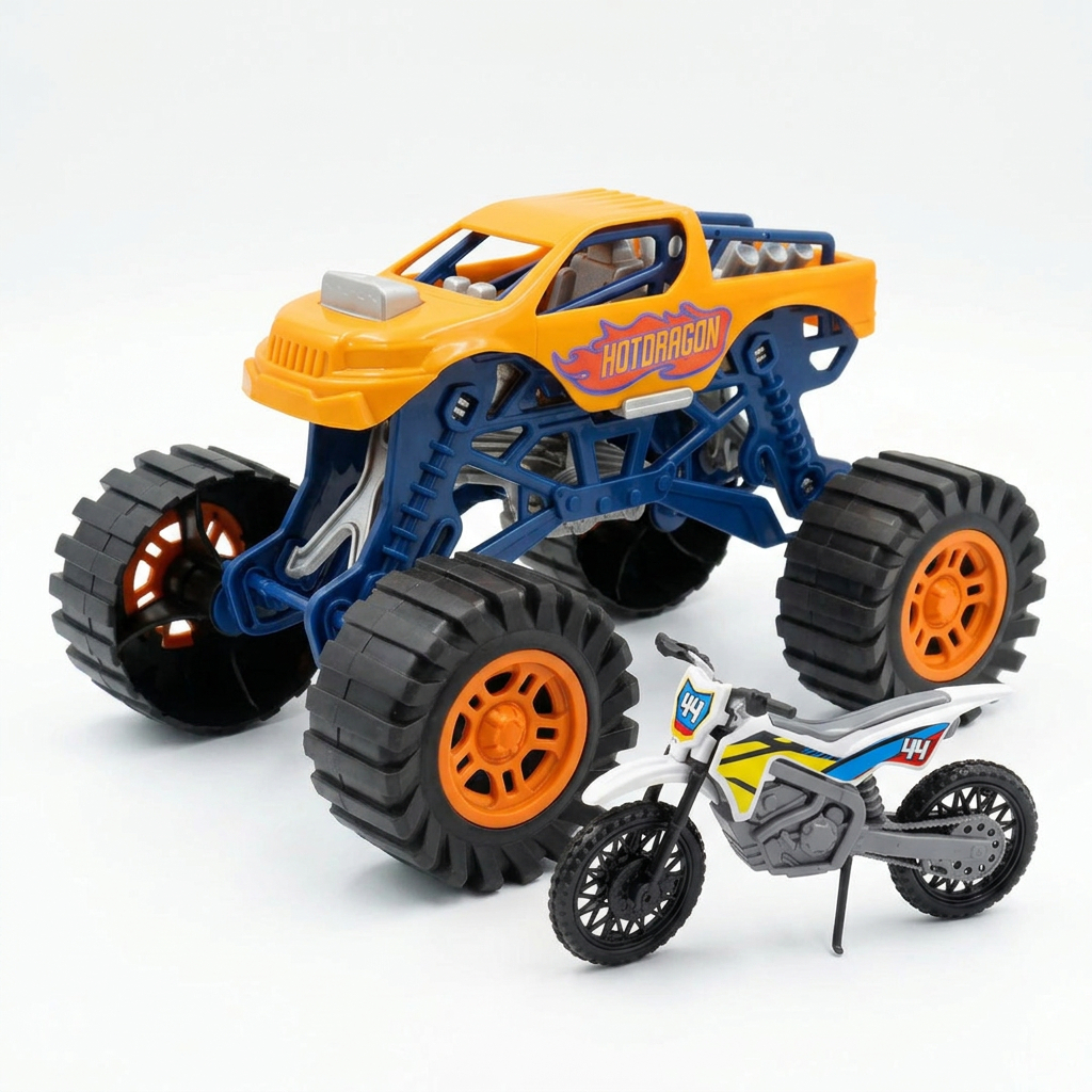 Kit Hot Dragon Monster Truck + Moto Trick Cross Infantil Menino | Carrinho Exclusivo com Suspensão Ajustável QUEEN SHOP