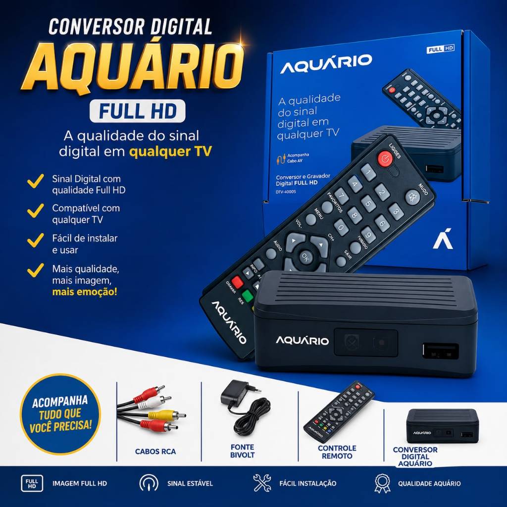 Conversor Digital Aquário Full HD para TV com Gravador USB + Controle + Cabo RCA + Fonte Bivolt | Receptor de TV Digital