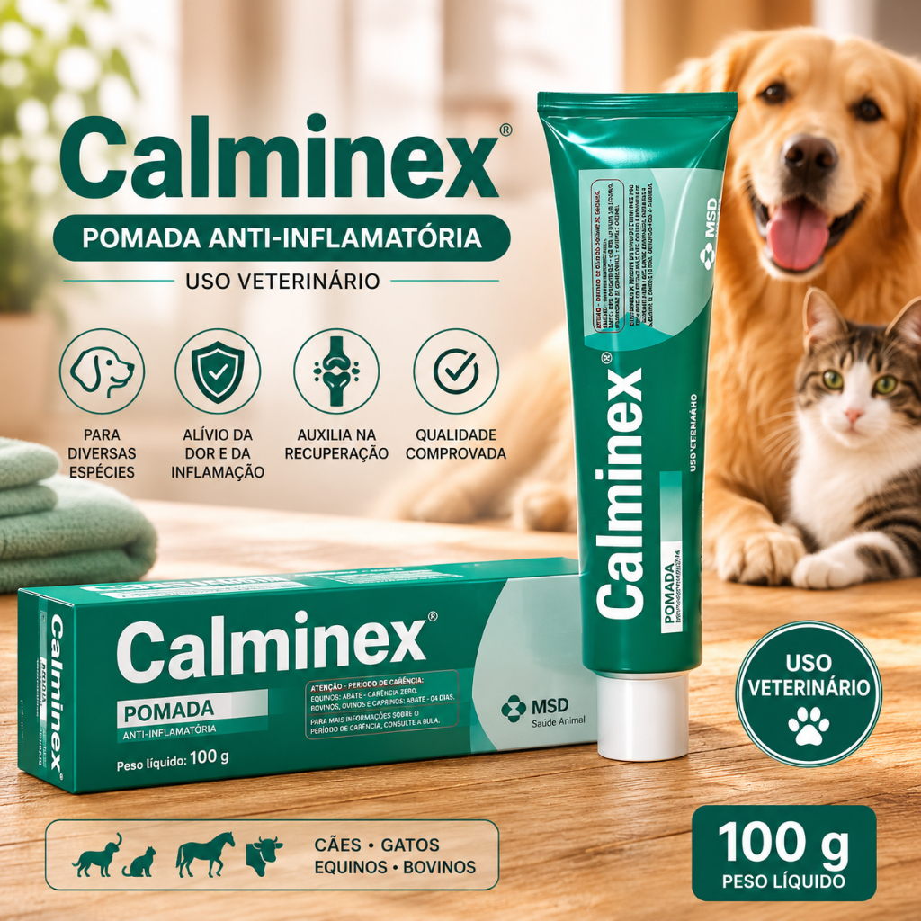 Calminex 100g Pomada Anti-inflamatoria Uso Veterinário - Dores Musculares, pancadas, ligamentos MSD.
