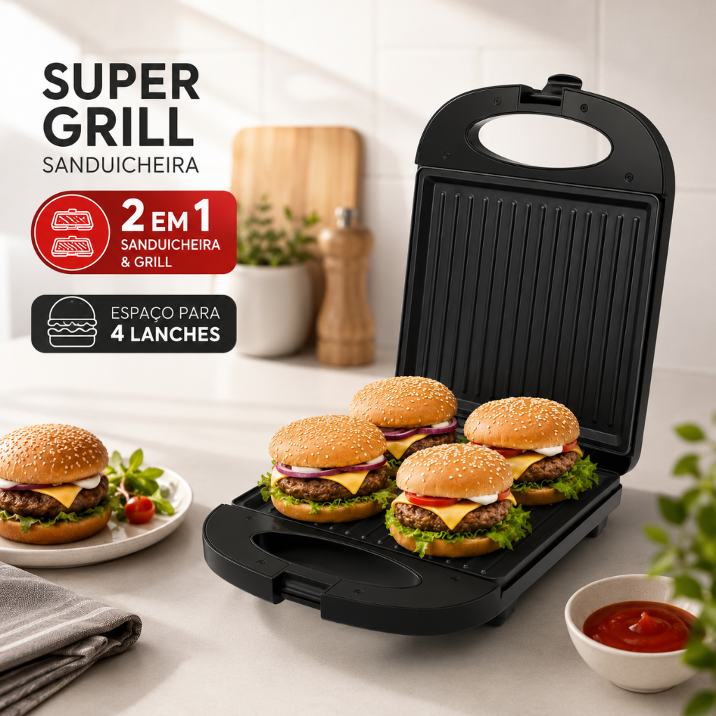 Super Grill Elétrica 220v e 127V para Preparar Churrascos e Refeições de Forma Rápida e Saborosa