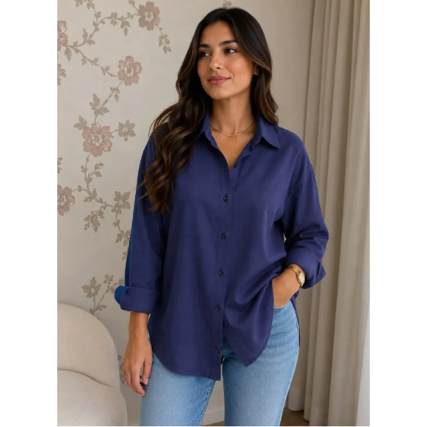 Camisa Feminina Social Estilo Largo De Linho Casual Chic