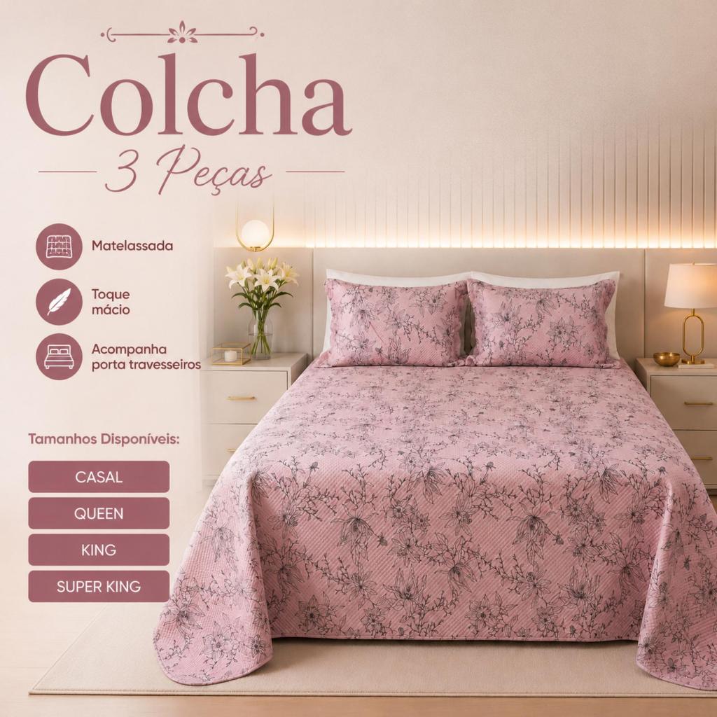 Colcha Cobre Leito Casal Queen King Super King Kit 3 Peças C/Porta Travesseiro Matelassado Dupla Face Mink Habitat