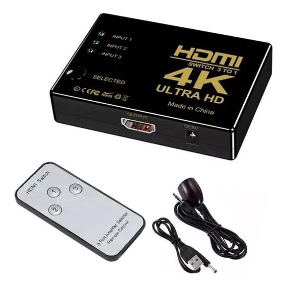 Switch HDMI 3x1 4K Ultra HD com Controle Remoto e Sensor IR TV Monitor Projetor
