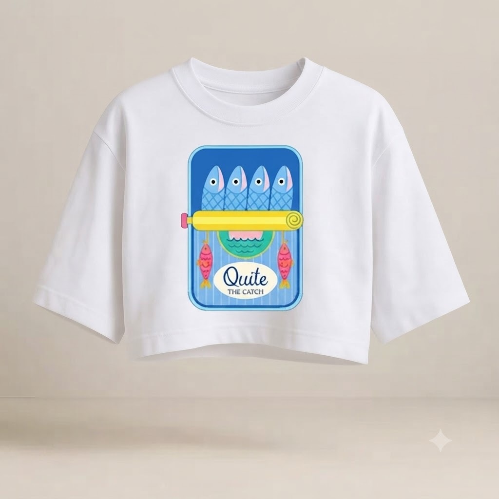 Cropped Oversized Feminino Estampado Quite The Catch – Camiseta Streetwear 100% Algodão com Estampa Divertida