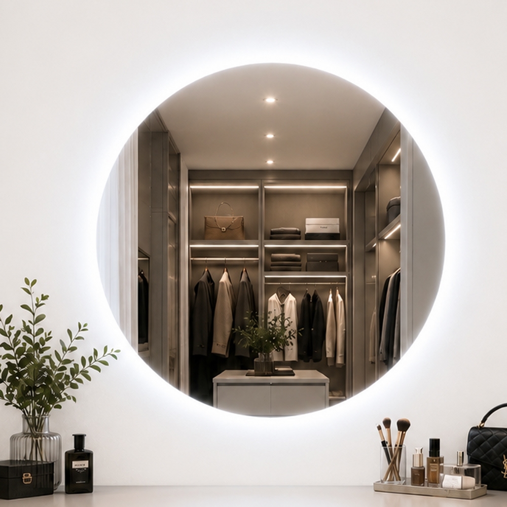 Espelho redondo com borda iluminada por LED instalado em uma parede branca acima de uma bancada com itens de maquiagem e decoração, refletindo um closet organizado.