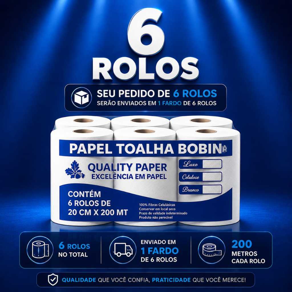 Papel Toalha Bobina 200m | Caixa com 6 Rolos | Alta Absorção | Uso Comercial e Profissional