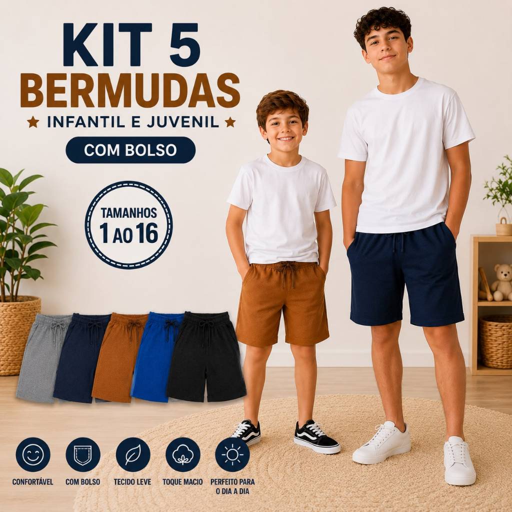 Kit 5 Bermudas Moletom Fresquinhas Dia a Dia Escolar Passeio Infantil E Juvenil 1 Ao 16 Com Bolso