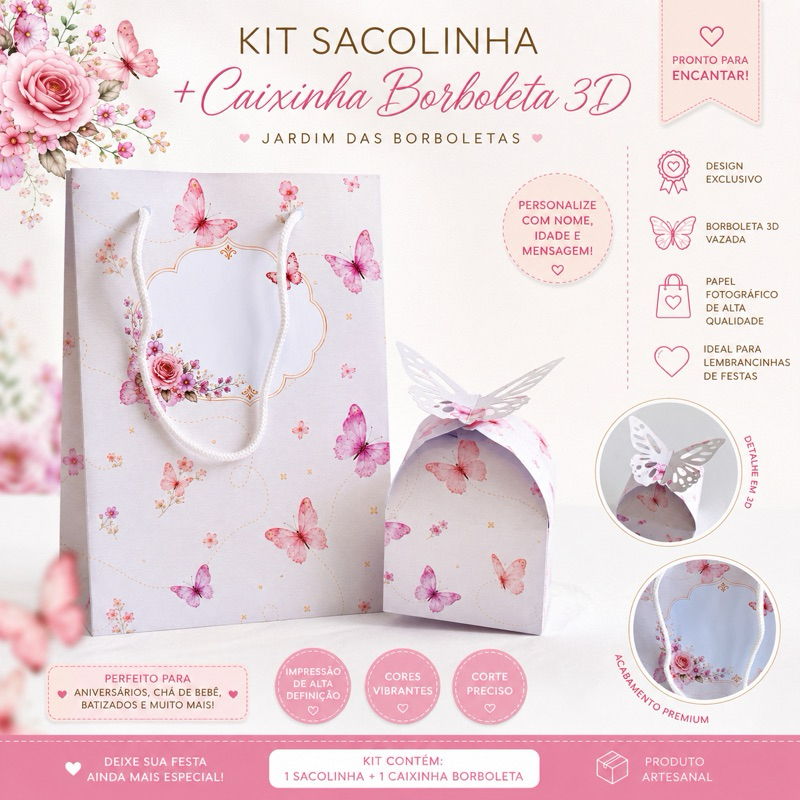 Kit Sacolinha e Caixa Borboleta 3D Personalizadas | Lembrancinha Festa Infantil | Qualquer Tema