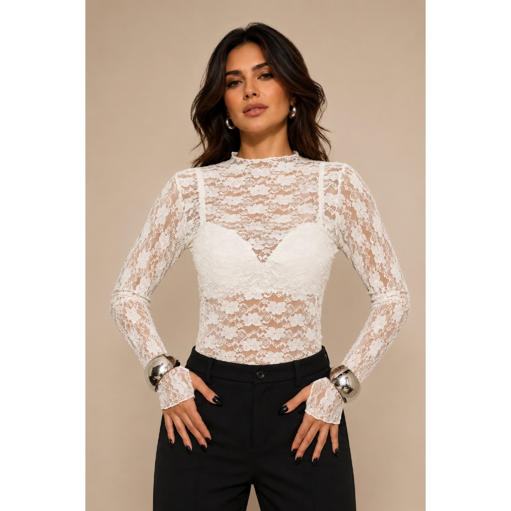 Blusa De Renda Manga Longa Com Dedal Abertura Para o Polegar Renda Poliamida Moda Gringa Tendência