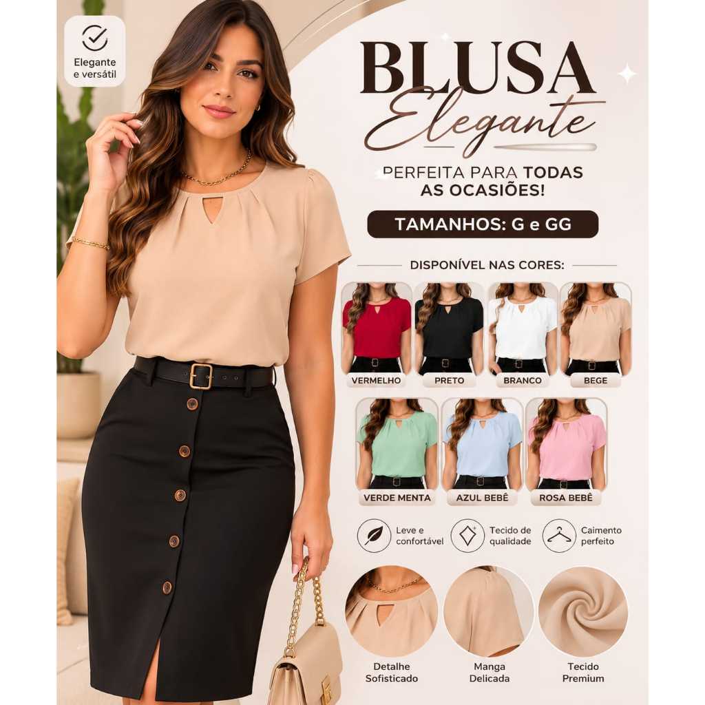 Blusa Feminina Social Crepe Premium Elegante Manga Curta Trabalho Casual Confortável
