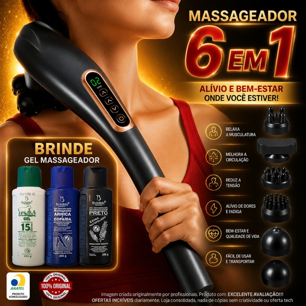 Massageador Elétrico 6 em 1 Corporal Potente Ergonômico Multifuncional Terapia 10 Velocidades