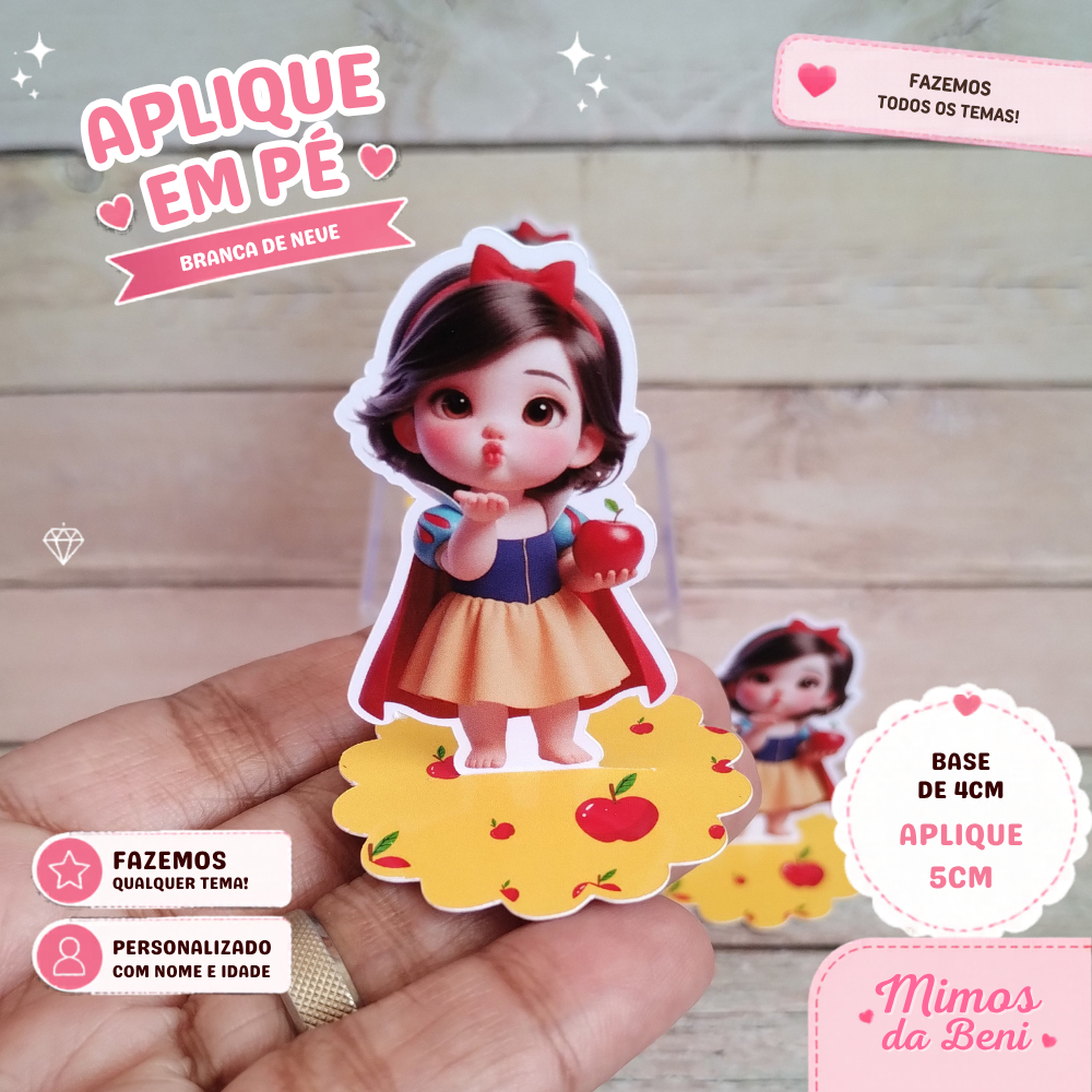 Aplique em Pé 3D Branca de Neve Baby Festa Infantil Personalizado Nome Idade  Lembrancinha