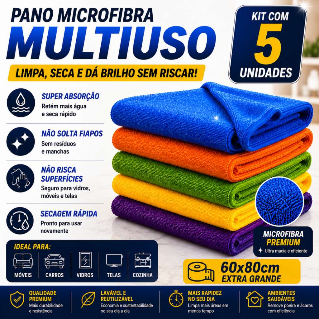 Panos De Chão Grandes Em Microfibra 80x60cm Neves Kit 5 Atacado Cor Sortida
