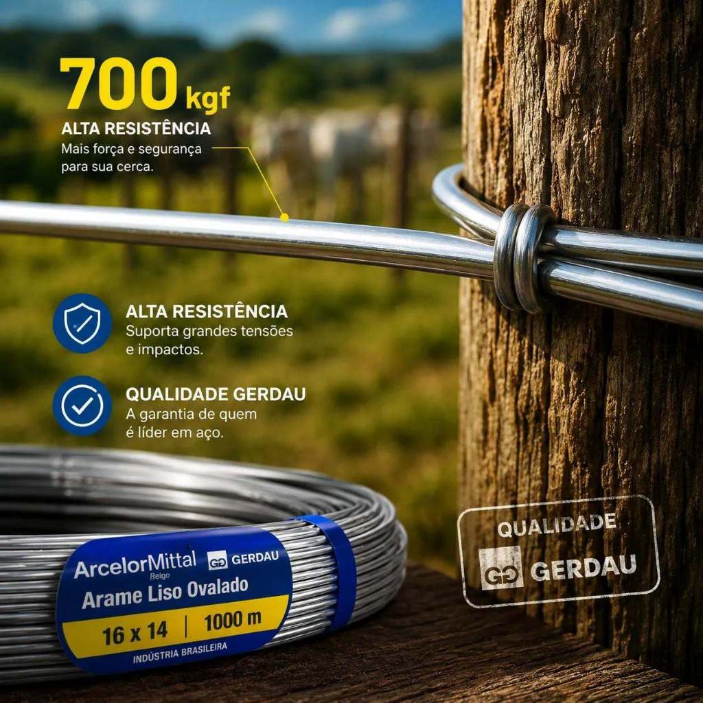 Arame Liso Ovalado Gerdau 16x14 – Resistência de 700 kgf | Rolo com 1.000 m