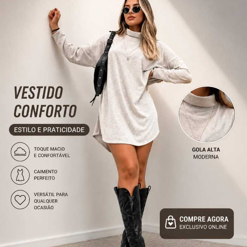 Vestido Poncho Feminino Gola Alta, Manga Longa, em Tecido Lanzinho Disponível em Diversas Cores e em Tamanho Único