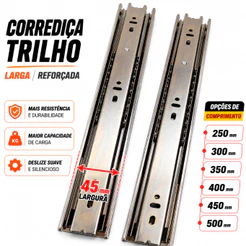 Kit 2 Corrediças Trilho Telescópica H45 Gavetão Reforçada Larga Aço 25cm a 50cm Gaveta Armário Móveis