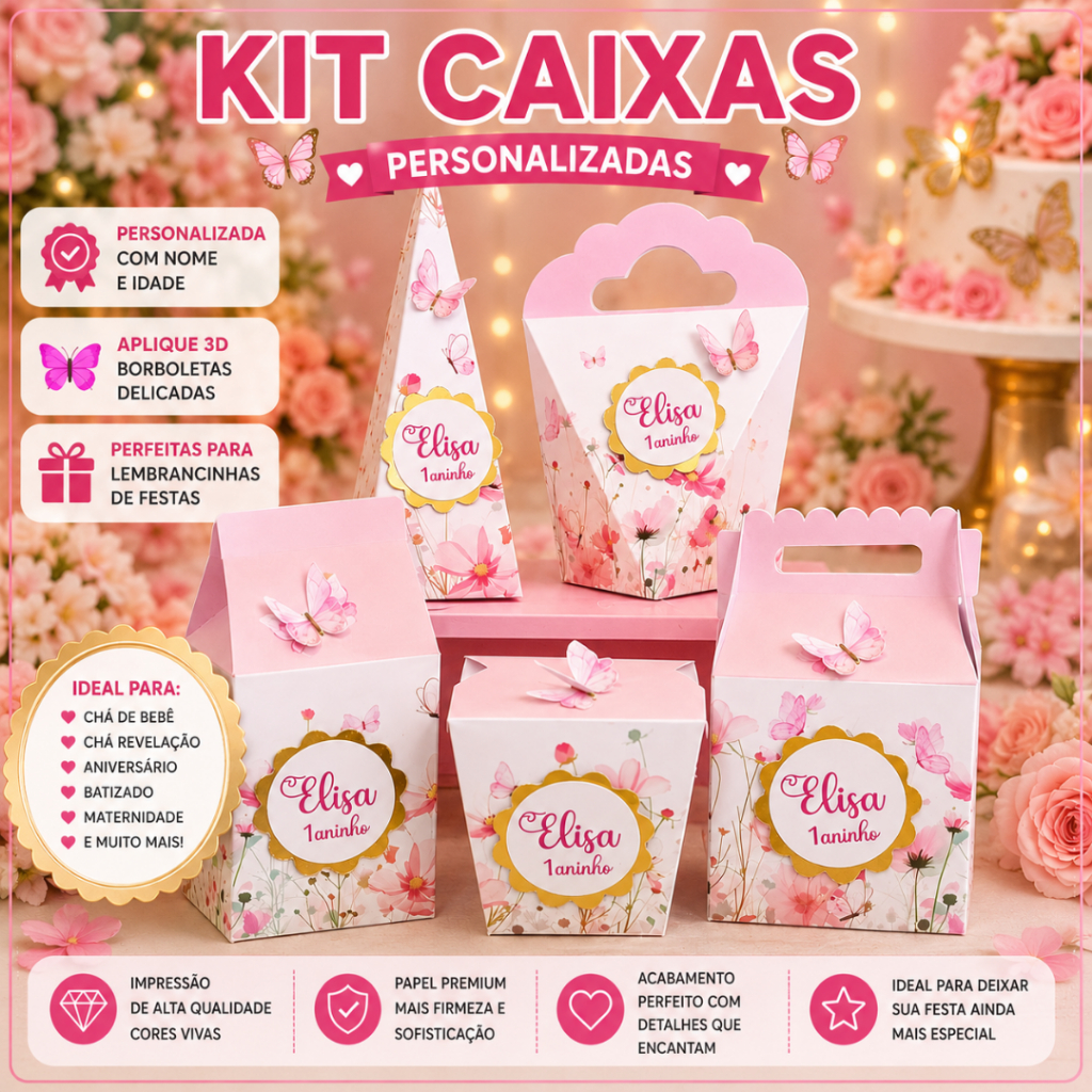 Kit Festa Personalizada Jardim das Borboletas 5 Caixas Lembrancinhas Personalizadas Nome e Idade
