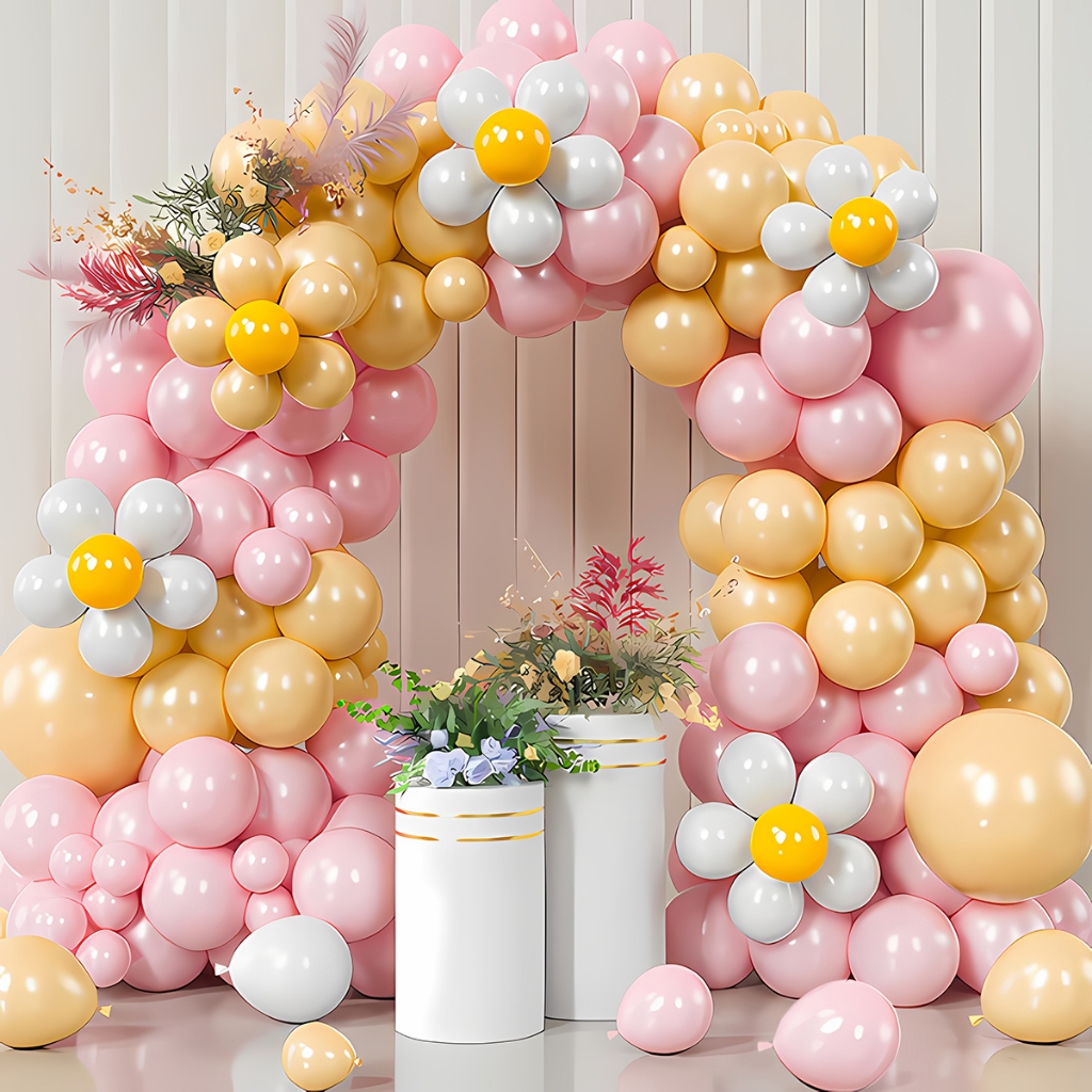 Kit 141 Balões Bexiga Arco Rosa Amarelo Flor Festa Aniversário Chá de Bebê Batizado com Suporte