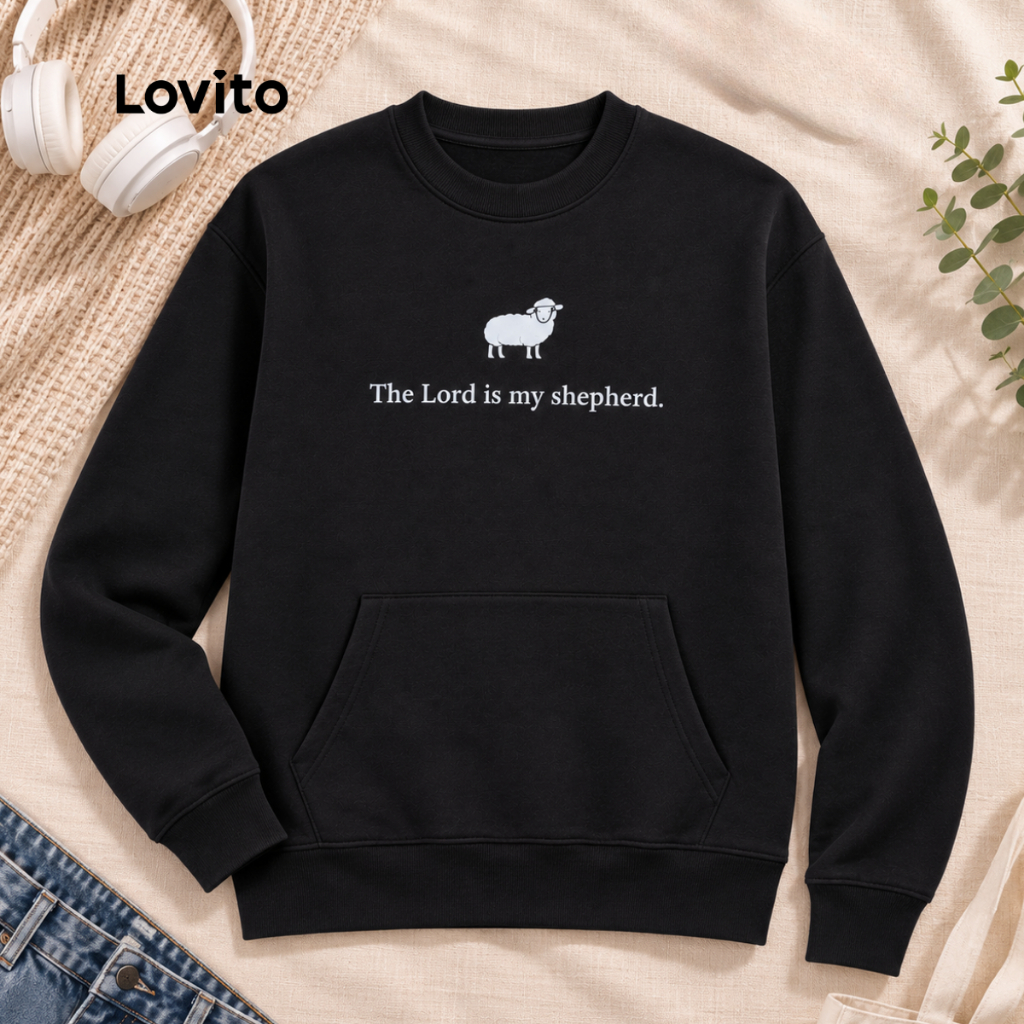 Lovito Moletom Feminino Cristão Estampa Ovelha The Lord Is My Shepherd Casual SRB17801810