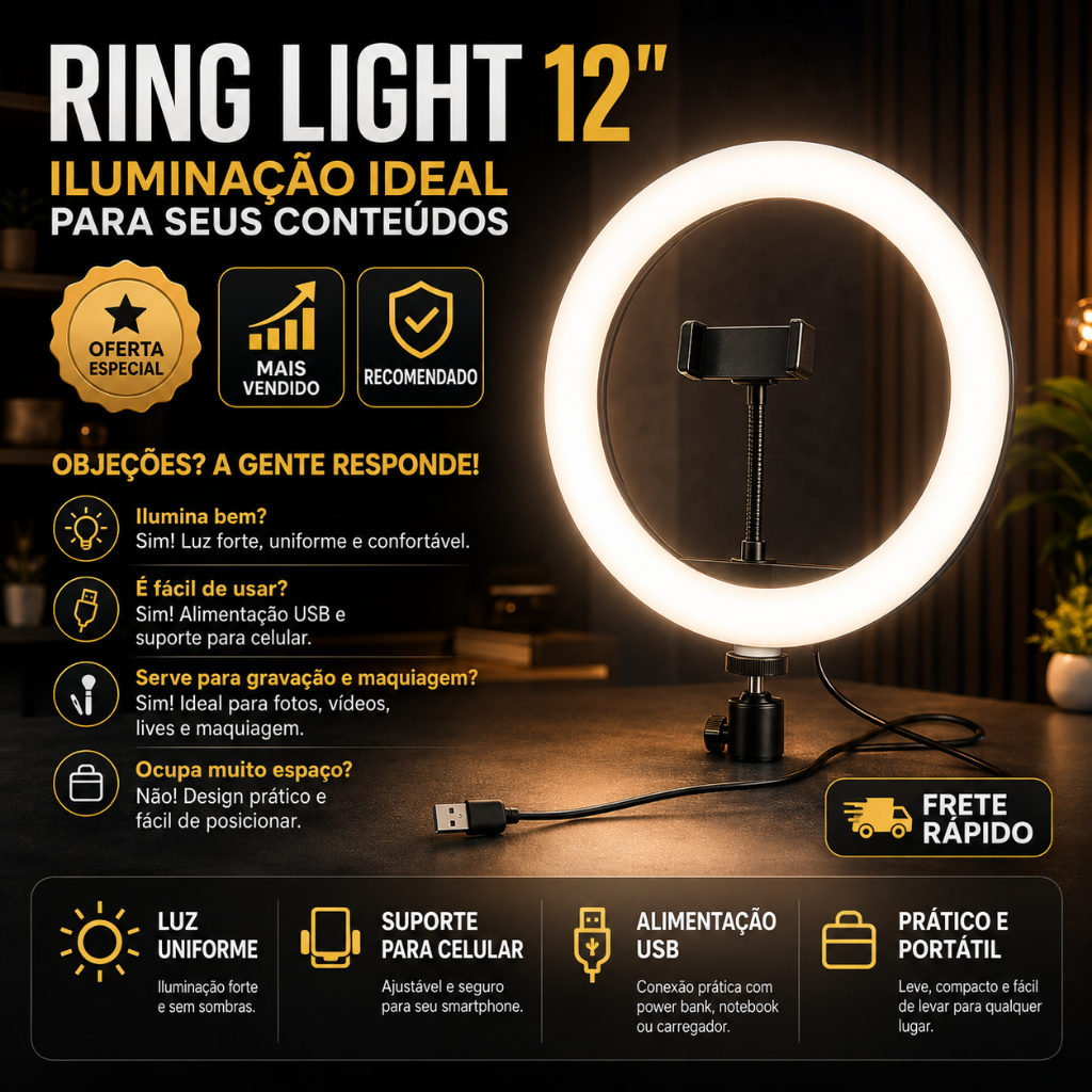 Ring Light Iluminador Anel Luz com suporte para celular 30cm 12 Polegadas 20w (tripé não incluso)