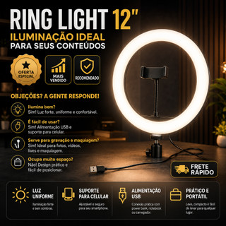 Ring Light Iluminador Anel Luz com suporte para celular 30cm 12 Polegadas (tripé não incluso)