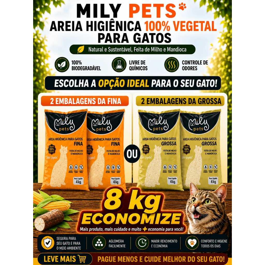 kit 2 Areia Higiênica Biodegradável de Milho e Mandioca MILY PETS