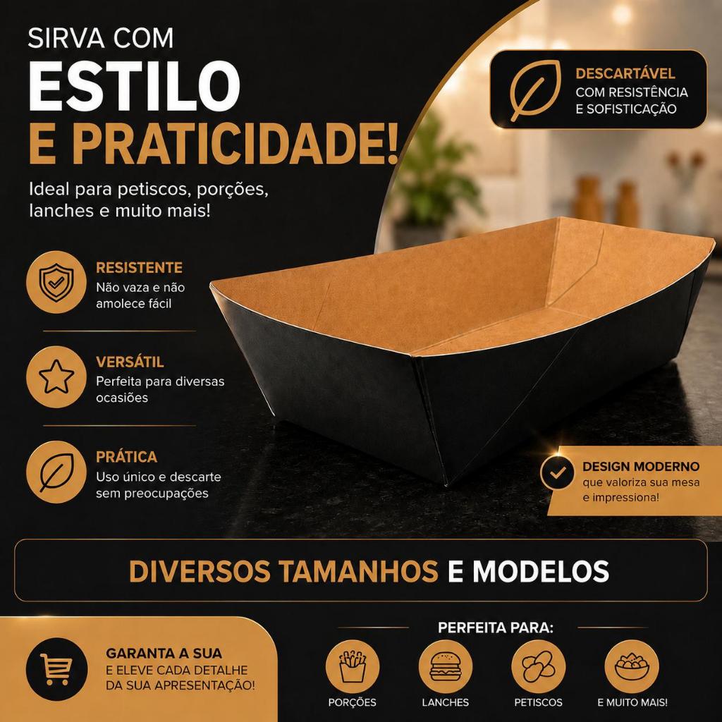 Kit 100 Barquinhas para Hambúrguer e Churrasco | Embalagem Kraft BBQ Delivery | Food Truck | Diversos Tamanhos