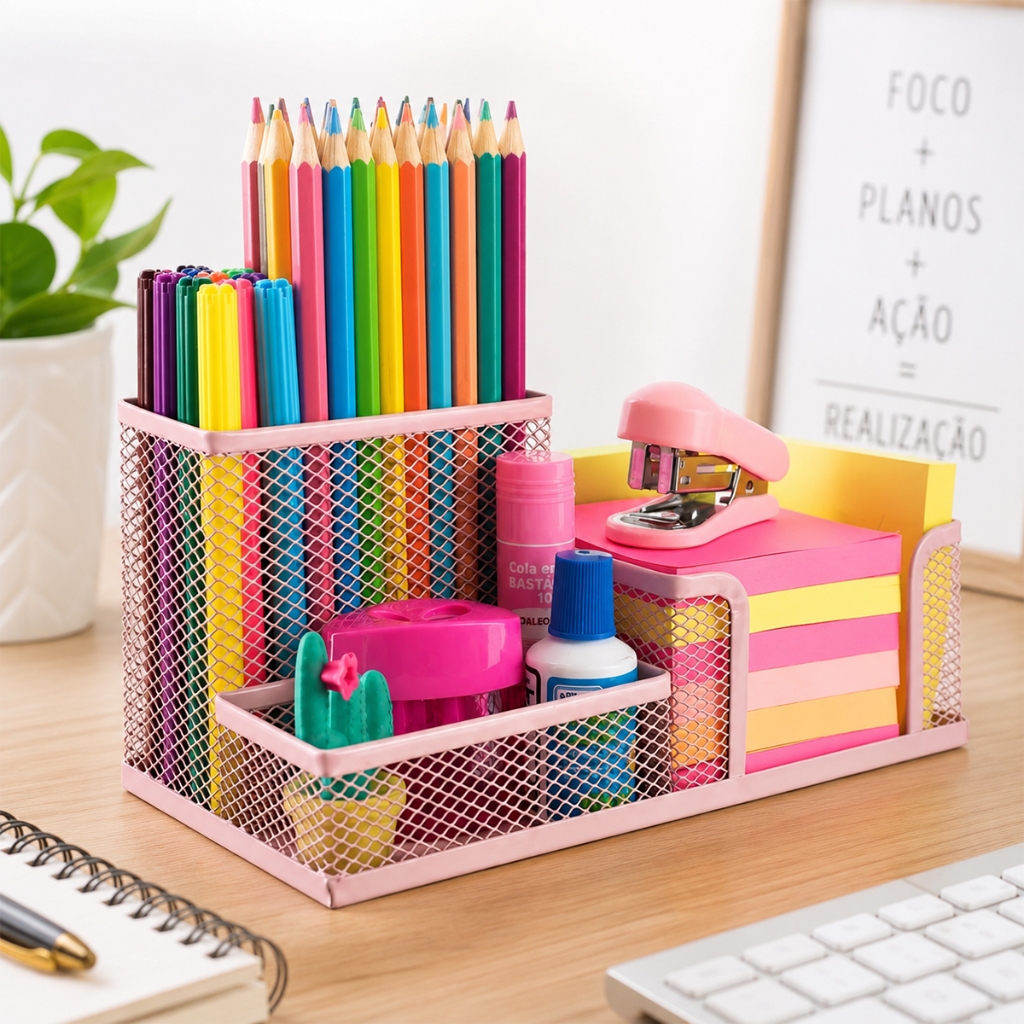 Porta Caneta Organizador De Metal Organizador de Mesa Rosa Em Metal Aramado Para Escritório 3 Divisões