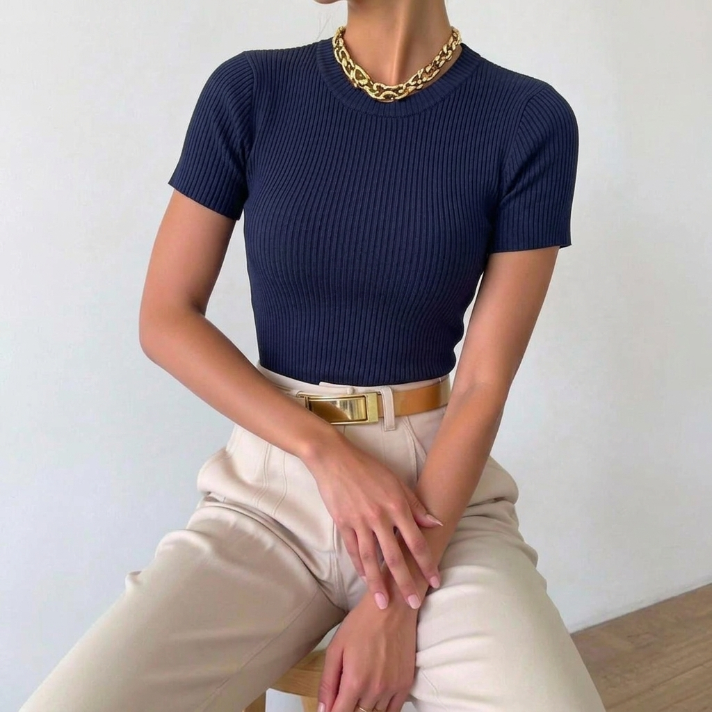 Blusa Feminina Tricot Manga Curta Canelada Básica Elegante Gola Redonda Confortável