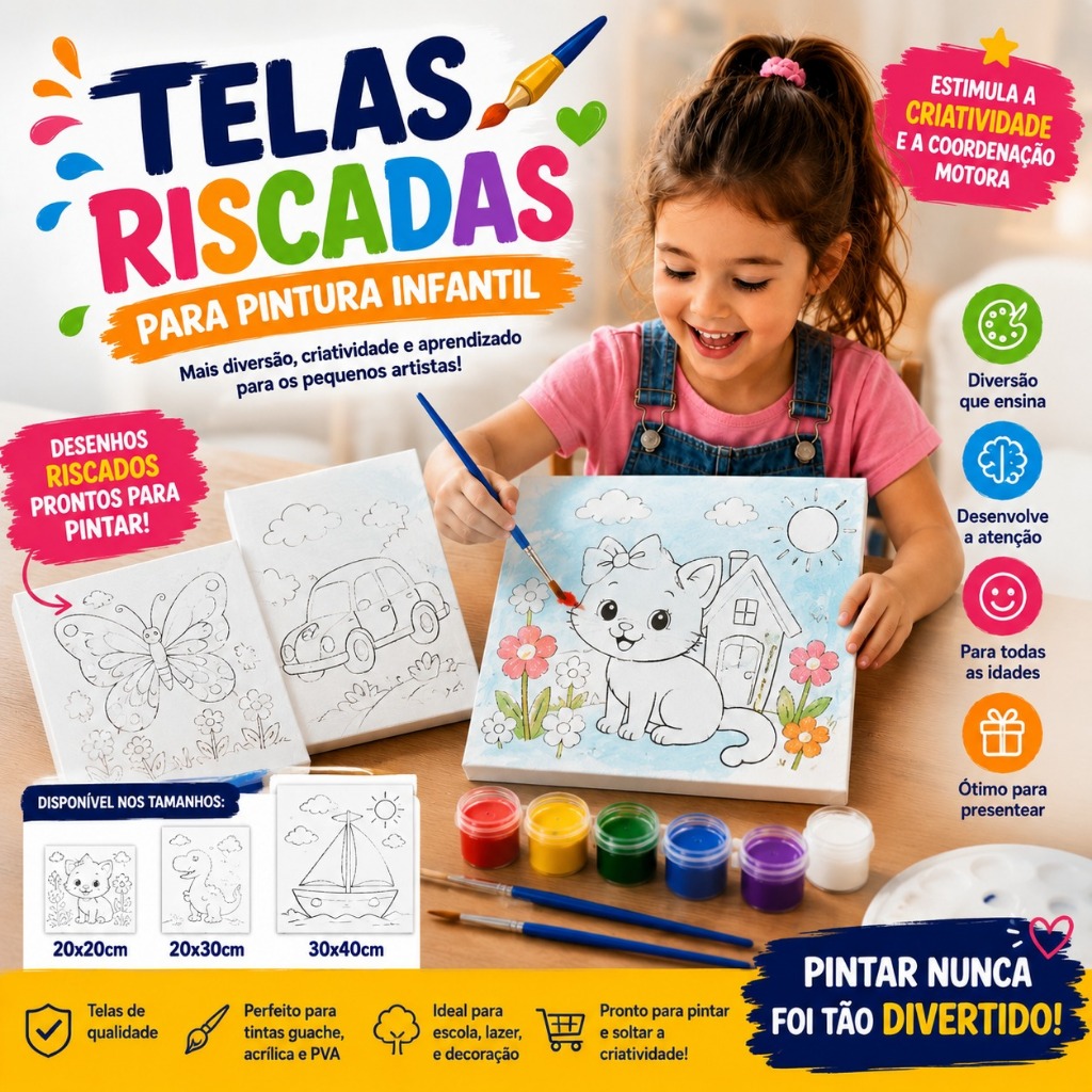 Tela Riscada para Pintura Infantil e Artesanato | Desenho para Pintar | 20x20cm | 20x30cm | 30x40cm