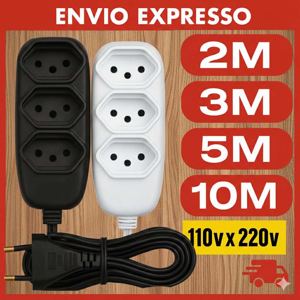 Extensão Elétrica 10 Metros - Bivolt 110/220 10A Tomada Tripolares Preta Resistente