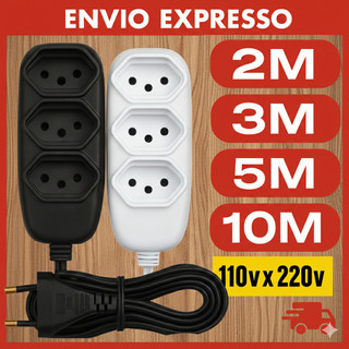 Extensão Elétrica 10 Metros - Bivolt 110/220 10A Tomada Tripolares Preta Resistente
