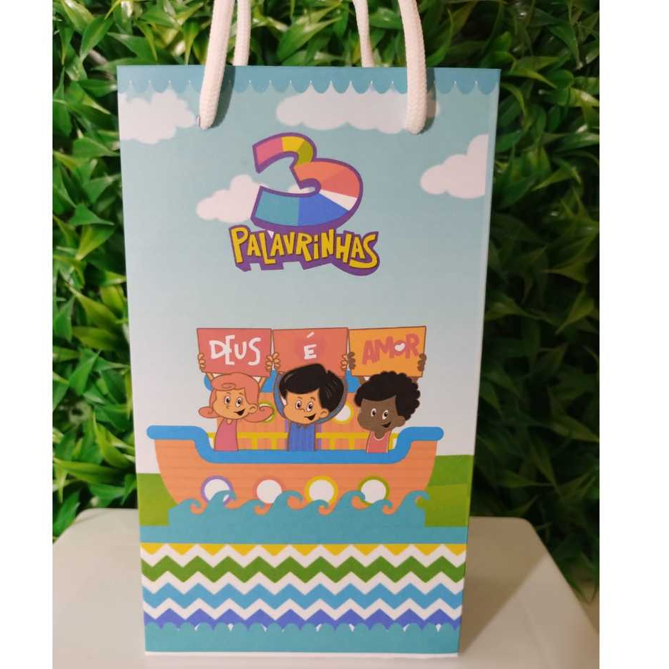Sacolinha 3 Palavrinhas Azul Menino Personalizada Lembrancinha para Festa Tamanho P