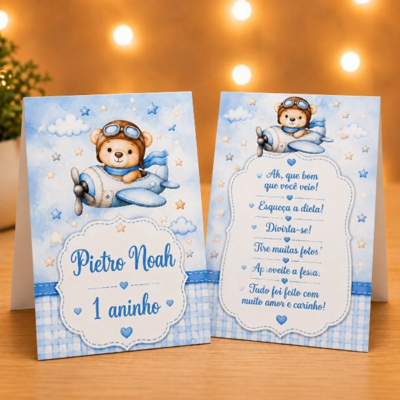 Kit Plaquinha de Agradecimento Ursinho Aviador - Centro de Mesa - Personalizado - Lembrancinha - Aniversário -Decoração
