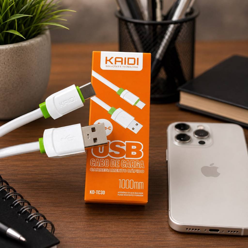 Cabo Branco Tipo C-USB Kaidi 1 metro Linha Premium Resistente Reforçado Compatível C/ Android Samsung e Iphone 15 16 17