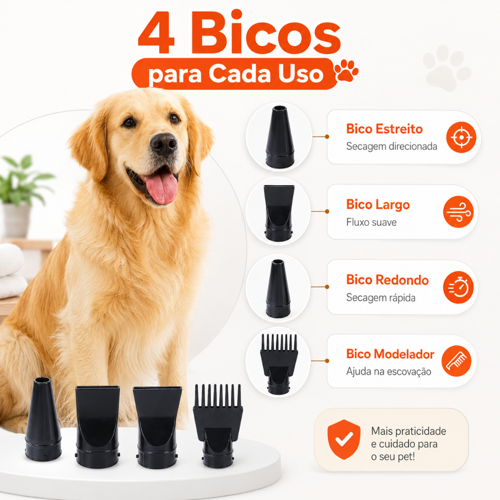 Secador Pet Profissional High Velocity 2000W - 4 Bicos Bivolt 127V/220V Para Banho E Tosa De Cães E Gatos