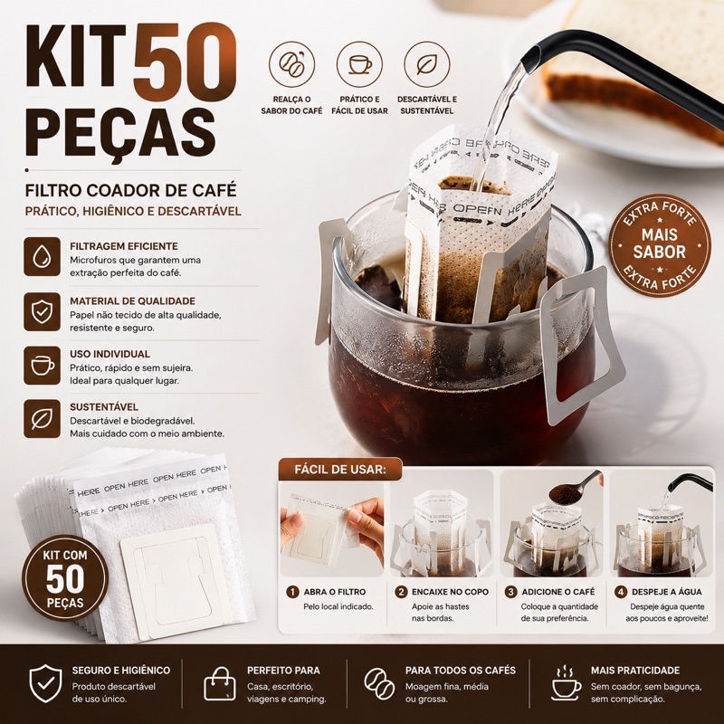 50 Mini Filtros De Café Individual Portátil Envelope 50 Peças