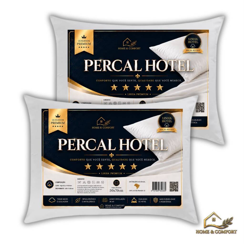 Kit 2 Travesseiros Luxo Percal Hotel 100% Fibra Siliconada Toque Macio Lavável