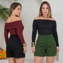 Blusa Ombro a Ombro Feminina Gola Babado Manga Longa Rivana Elegante