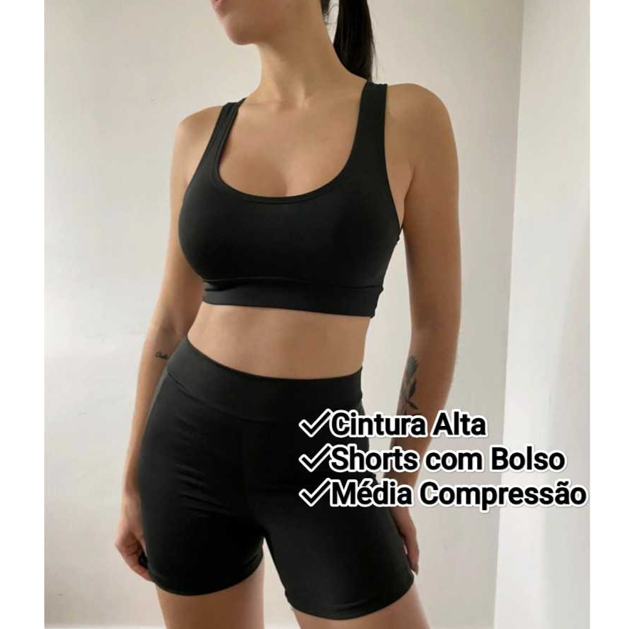 Conjunto Fitness Feminino Preto Cintura Alta Short com Bolso Suplex Top Nadador Compressão Academia