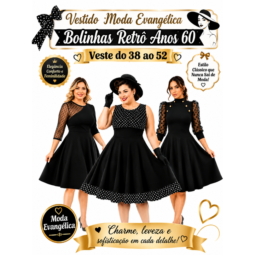 Vestido Moda evangélica Retrô Vintage Anos 60 70 Bolinhas Rodado Soltinho Vestidos Evangélico Plus Size Preço de Atacado