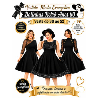 Vestido Moda evangélica Retrô Vintage Anos 60 70 Bolinhas Rodado Soltinho Vestidos Evangélico Plus Size Preço de Atacado