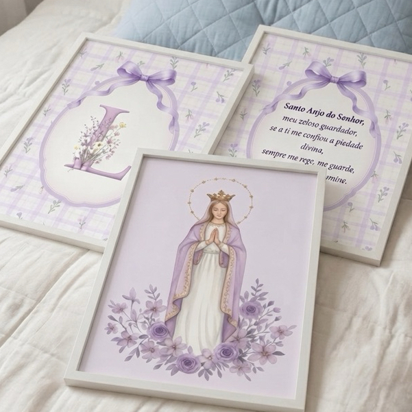 Kit 3 Quadros Decorativos Infantil Religioso Católico Personalizado Menina Santa Nossa Senhora Aparecida COM MOLDURA