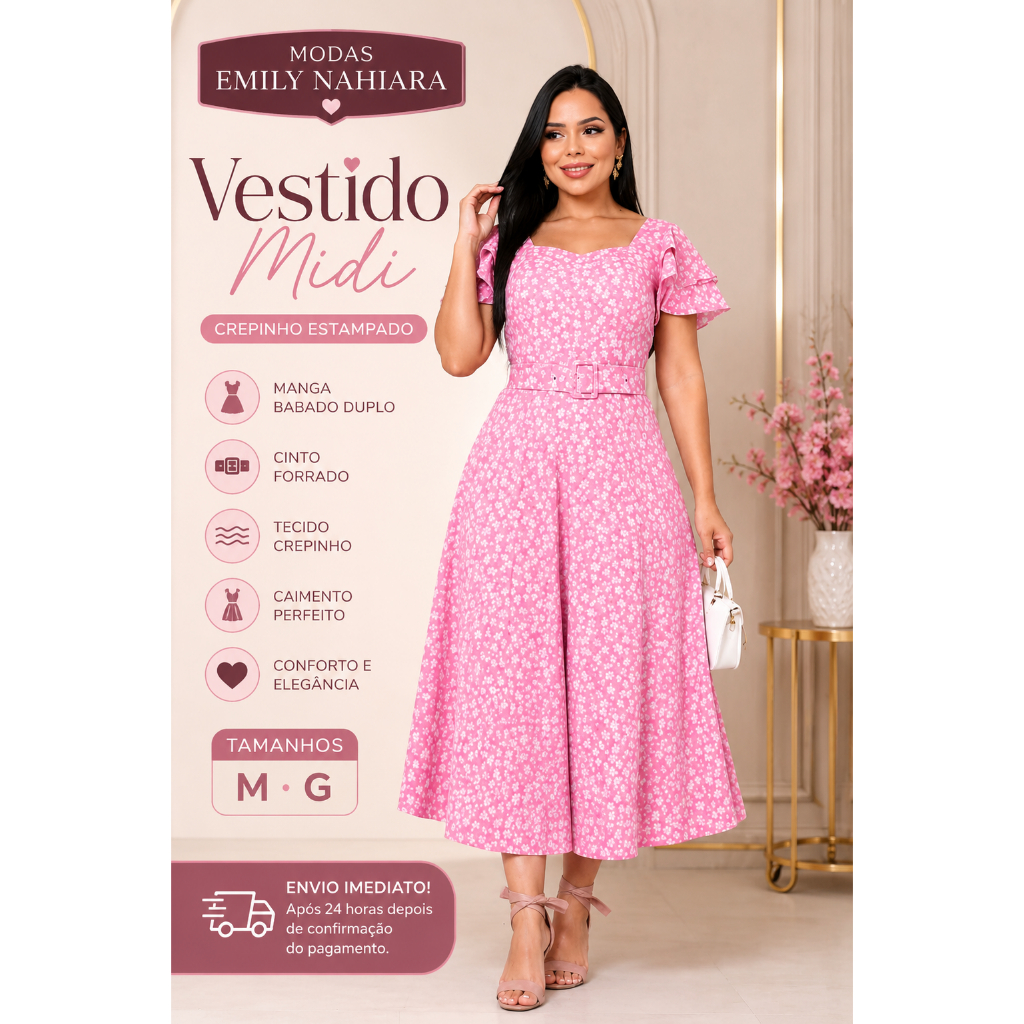 Vestido Feminino Midi Elegante , Tecido Crepinho Estampado, Manga Dabado duplo, Tem Elastex Nas Costas, Cinto Encapado..