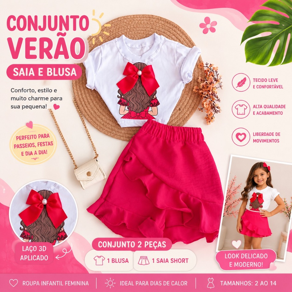 Roupa Infantil Feminina Conjunto Saia Short Rosa e Blusa Branca | Look Infantil Menina | Conjunto Verão